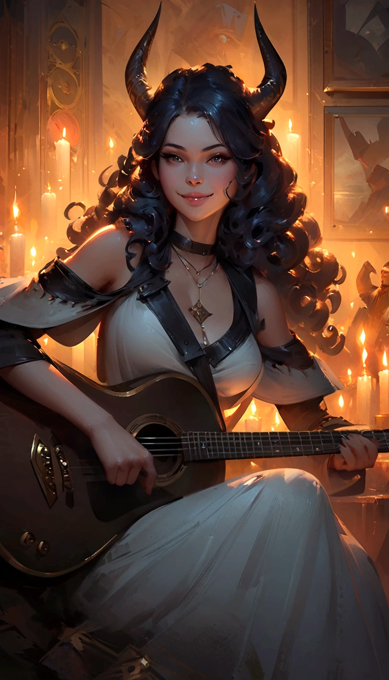a woman with horns playing a guitar in a room with candles, artwork in the style of guweiz, artgerm and atey ghailan, guweiz, guweiz masterpiece, guweiz on pixiv artstation, ross tran 8 k, guweiz on artstation pixiv, by Ross Tran, Smiling, Curly hair