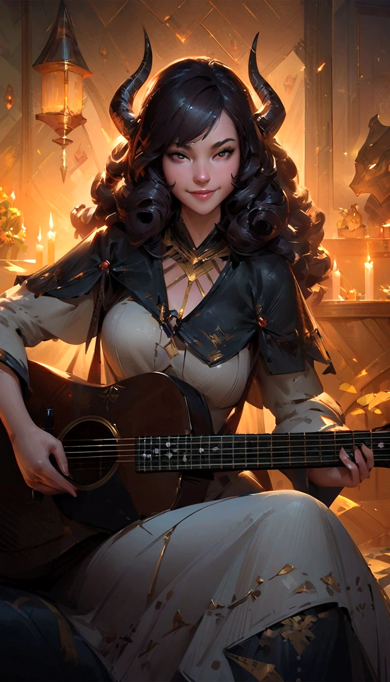 a woman with horns playing a guitar in a room with candles, artwork in the style of guweiz, artgerm and atey ghailan, guweiz, guweiz masterpiece, guweiz on pixiv artstation, ross tran 8 k, guweiz on artstation pixiv, by Ross Tran, Smiling, Curly hair
