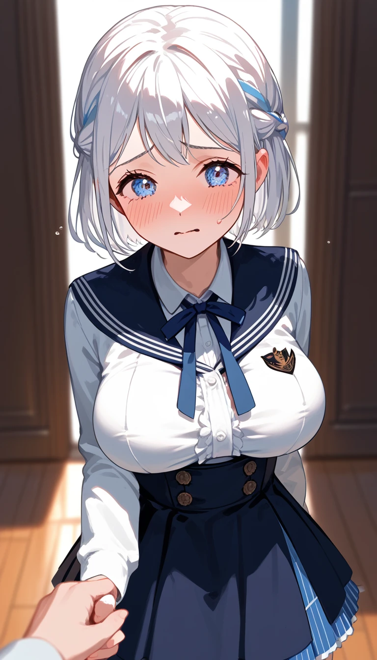 16k,1girl, katsuragi lilja,blue eyes,white hair,short hair,braid,,sailor collar,neck ribbon, white shirt,layered skirt,high-waist skirt,pov,looking view,blush,embarrassed,(((big breast))),((Big Tits)),Open-chested cleavege,breast focus,NSFW,beautiful face,beautiful eyes,details eyes