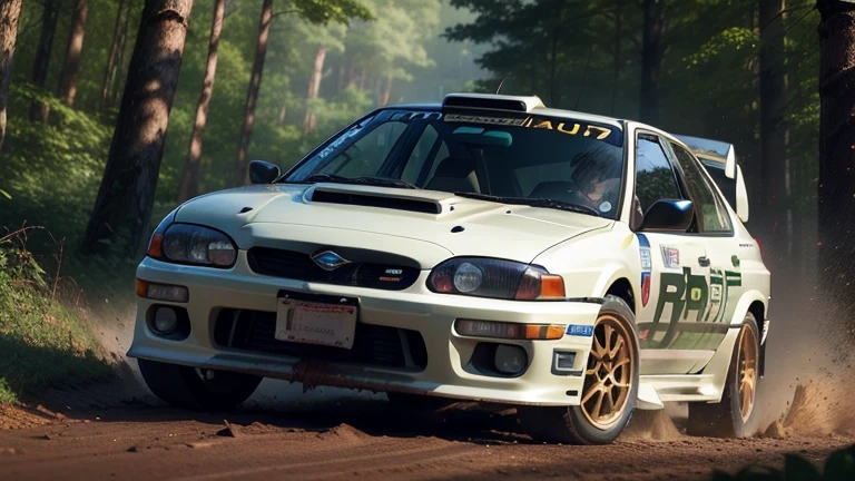 (1 car, 1997 Subaru Impreza WRC redesigned by Peter Stevens), Generate an image of a Subaru Impreza WRC tearing through a dense forest during a rally race, with mud splattering, leaves flying, and the vibrant greenery as the epic backdrop. The car's aggressive styling and the dynamic forest setting should evoke a sense of speed and adrenaline. best quality, realistic, photography, highly detailed, 8K, HDR