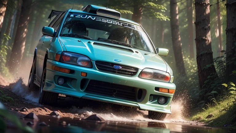 (1 car, 1997 Subaru Impreza WRC redesigned by Peter Stevens), Generate an image of a Subaru Impreza WRC tearing through a dense forest during a rally race, with mud splattering, leaves flying, and the vibrant greenery as the epic backdrop. The car's aggressive styling and the dynamic forest setting should evoke a sense of speed and adrenaline. best quality, realistic, photography, highly detailed, 8K, HDR