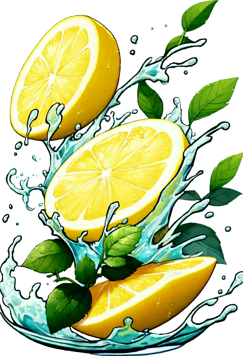 Lemon water splash isolated on a white transparent background, png. Lemon fruit slice, leaves and water splash. background water wave, citrus piece and mint foliage flying 