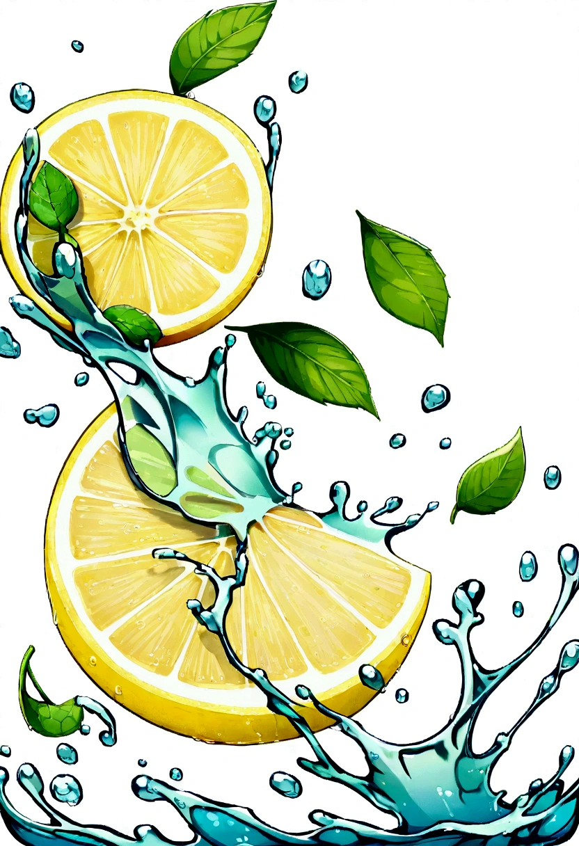 Lemon water splash isolated on a white transparent background, png. Lemon fruit slice, leaves and water splash. background water wave, citrus piece and mint foliage flying