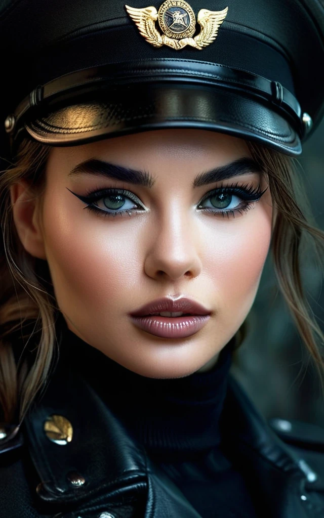 a young, extremely beautiful woman wearing a black, sexy and tight military uniform, with extremely detailed facial features, long eyelashes, full lips, beautiful eyes, perfect skin, ideal proportions, (eyepatch:1.6), military cap, leather gloves, holding a whip, captivating expression, photorealistic, 8k, ultra-detailed, cinematic lighting, dramatic shadows, cold tones