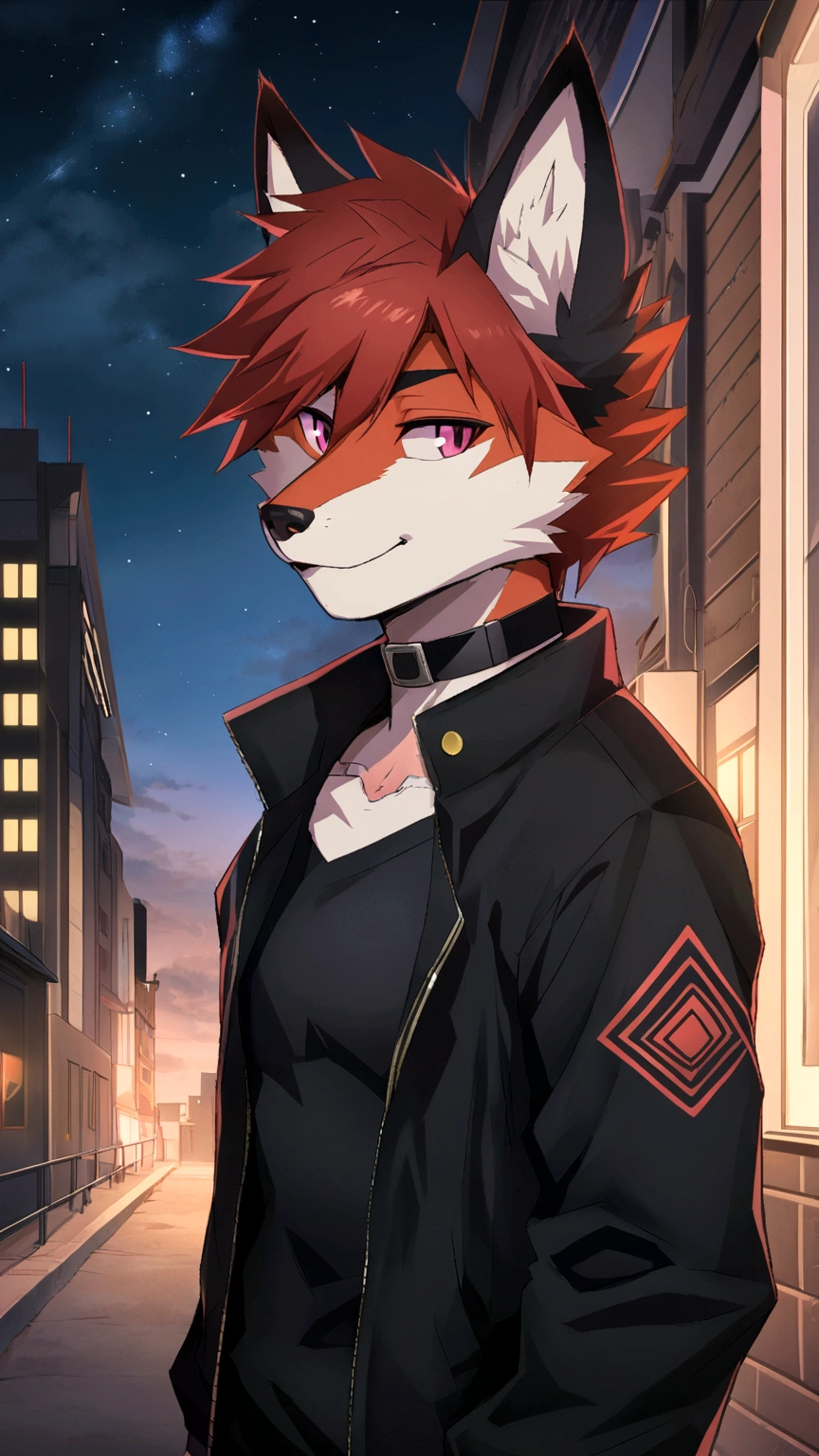anime - imagen de estilo de un zorro con pelo rojo y una chaqueta negra, an anthropomorphic cyberpunk fox, anime rudo 8k, Arte Zerochan, estilo anime 4k, Inspired by Ryusei Kishida, fursona vistiendo ropa elegante, retrato de un zorro antro, high resolution commission, trigger anime art style, en un estilo anime
