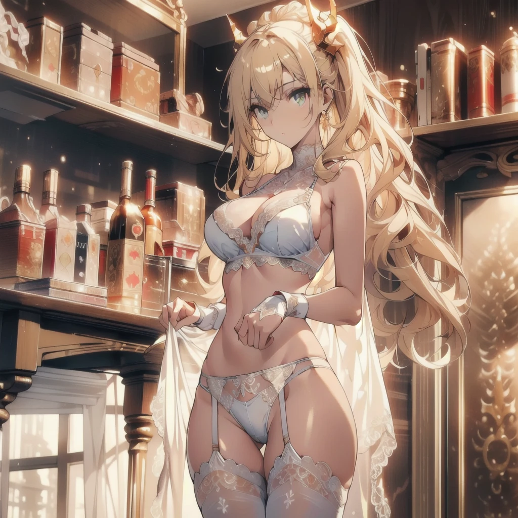 ((masterpiece, best quality)), Delicate face，fighter，whole body，Standing picture，Long legs，Large Breasts，Gradient long wavy hair，Perfect body proportions，Pretty golden eyes，Extremely beautiful，transparent， Pure white background，cloud，Dragon Soul，Erotic_lingerie，Sexy_Bikini，Lace，Garter stockings