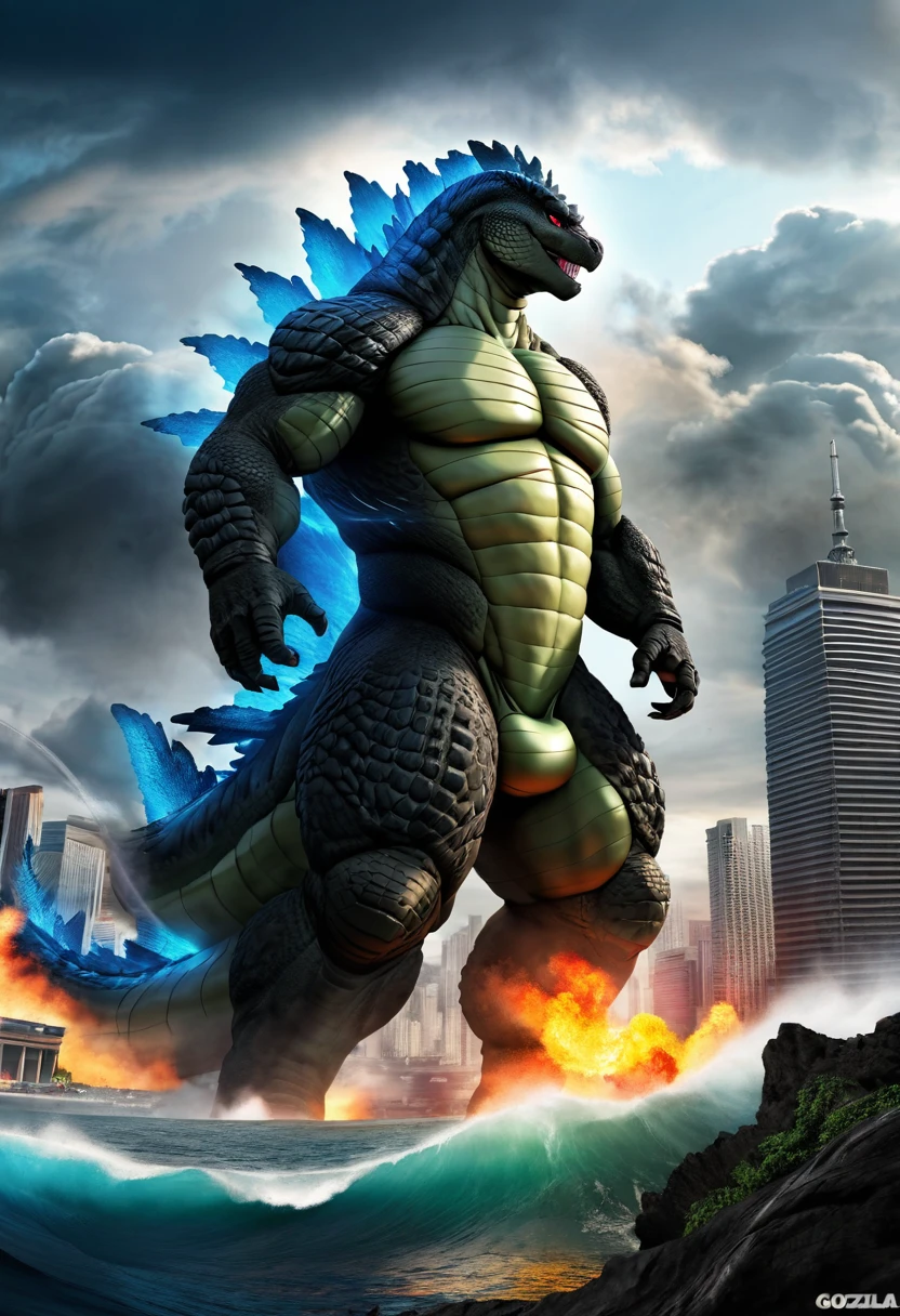 An epic photograph capturing the legendary Godzilla in a powerful stance, releasing a trail of atomic breath. The iconic monster, with itsgreen scales and piercing red eyes, radiates intensity and power. The background is a mix of an urban cityscape and the dark, enigmatic ocean, with a sense of destruction and chaos. The overall atmosphere of the photo is awe-inspiring and majestic, showcasing the sheer magnificence of this timeless creature., photo