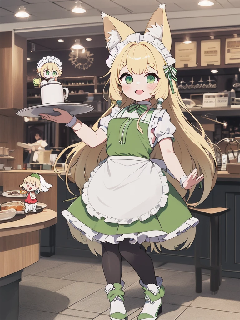 Highest quality, masterpiece,1 Girl,alone,Yellow round eyebrows,Blonde Hair, Big fox ears,Big fox tail, ((Very long green eyes)),((Green maid apron)),((White ruffle skirt)),Small breasts,indoor,Coffee shop,have_Silver round tray,Green round dish on a tray,,White pantyhose,Green boa boots,((Chibi)),smile,Close your mouth,