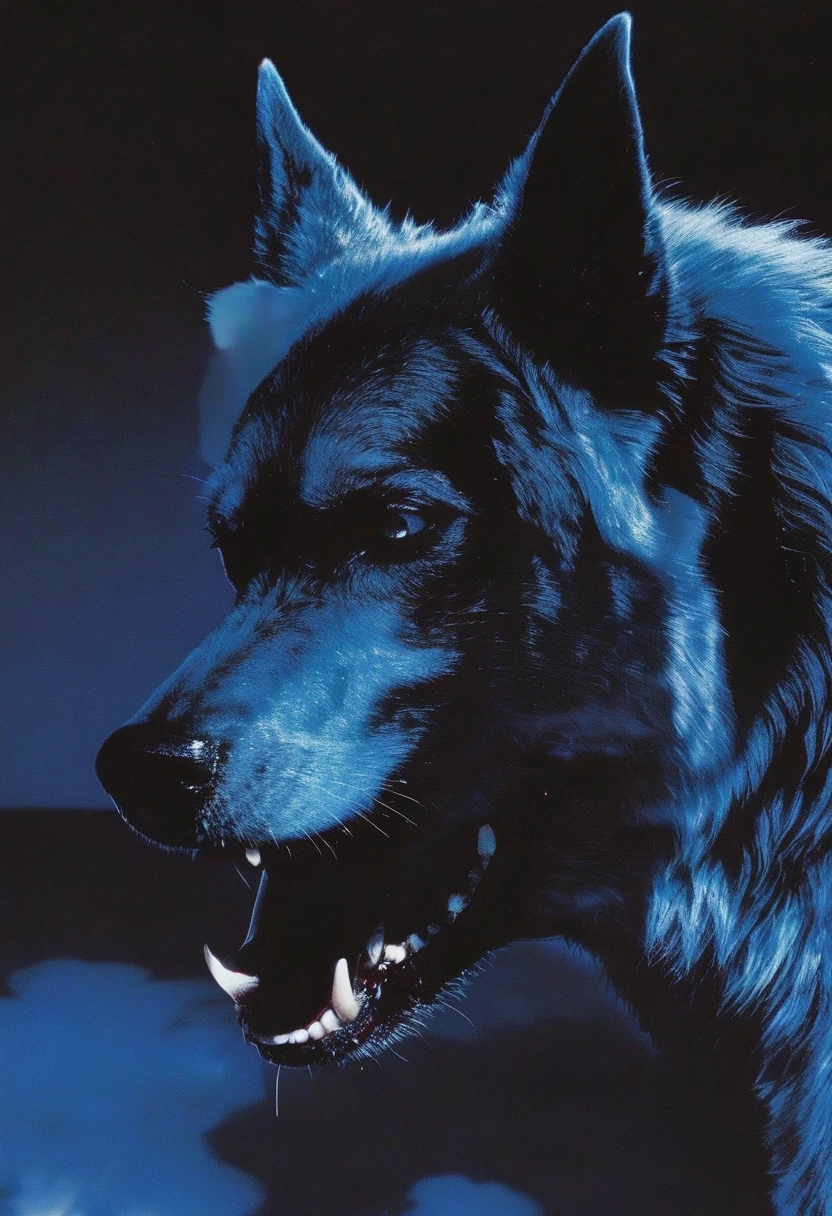 giant angry dog at night, blue background