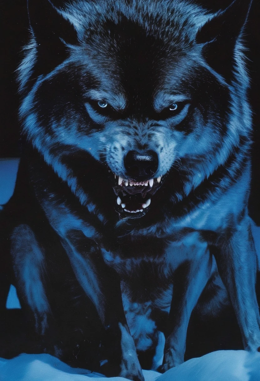 giant angry dog at night, blue background