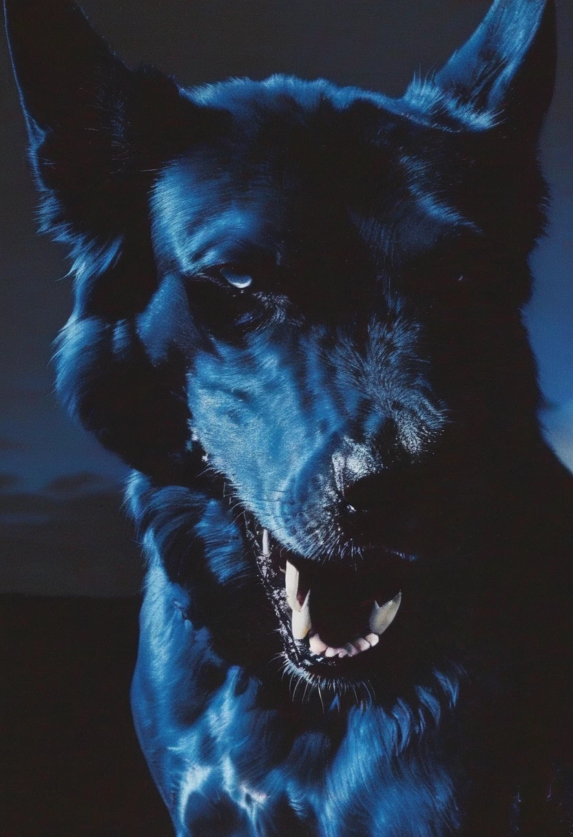 giant angry dog at night, blue background