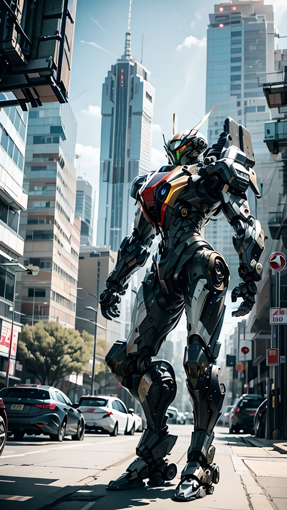 best quality，masterpiece，16K，Giant Mecha,Life Suit,architecture,汽car轮胎结构脚,car,City,City lights,Cityscape,cloud,sky,destroy,东亚architecture,地面car辆,Complex Mecha structure,look up,Multicolored Mecha,Half squat position,whole body,Super complex Mechanical structure,Mecha,outdoor,无线电sky线,Practical,road,ruins,Science fiction,摩sky大楼,street,traffic light