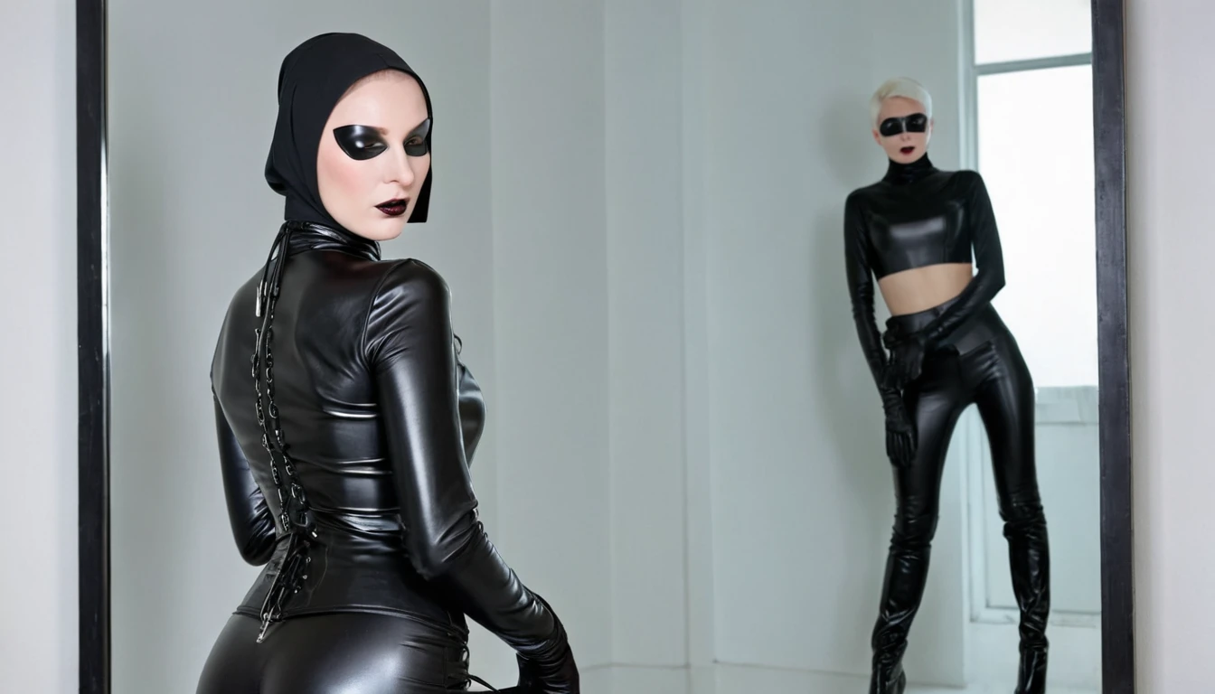 A very thin, sexy nun in a steel collar. His back is turned. She is wearing a smooth black latex mask without a face. No face. No eyes, no mouth. She is wearing a black latex, a tight leather corset, black leather high-heeled boots and black leather gloves. He looks in the mirror. Posing in front of the mirror. Looks into it. Posing. He holds a whip in his hands.