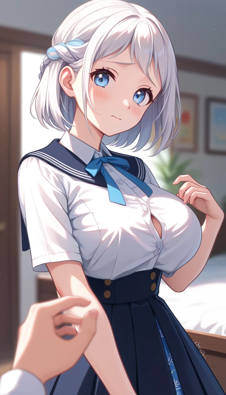 16k,1girl, katsuragi lilja,blue eyes,white hair,short hair,braid,,sailor collar,neck ribbon, white shirt,layered skirt,high-waist skirt,pov,looking view,blush,embarrassed,(((big breast))),((Big Tits)),Open-chested cleavege,breast focus,NSFW,beautiful face,beautiful eyes,details eyes