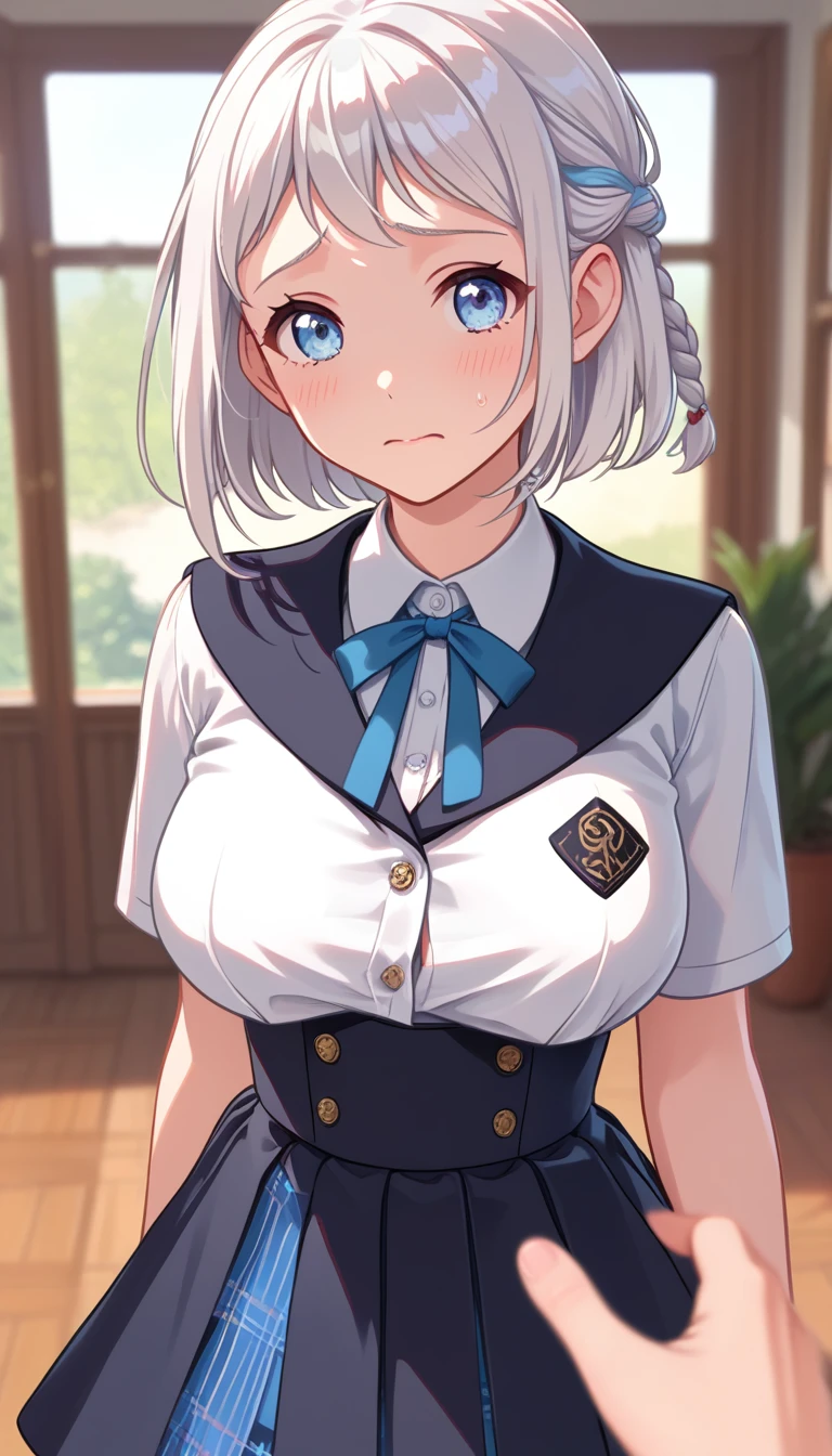 16k,1girl, katsuragi lilja,blue eyes,white hair,short hair,braid,,sailor collar,neck ribbon, white shirt,layered skirt,high-waist skirt,pov,looking view,blush,embarrassed,(((big breast))),((Big Tits)),Open-chested cleavege,breast focus,NSFW,beautiful face,beautiful eyes,details eyes