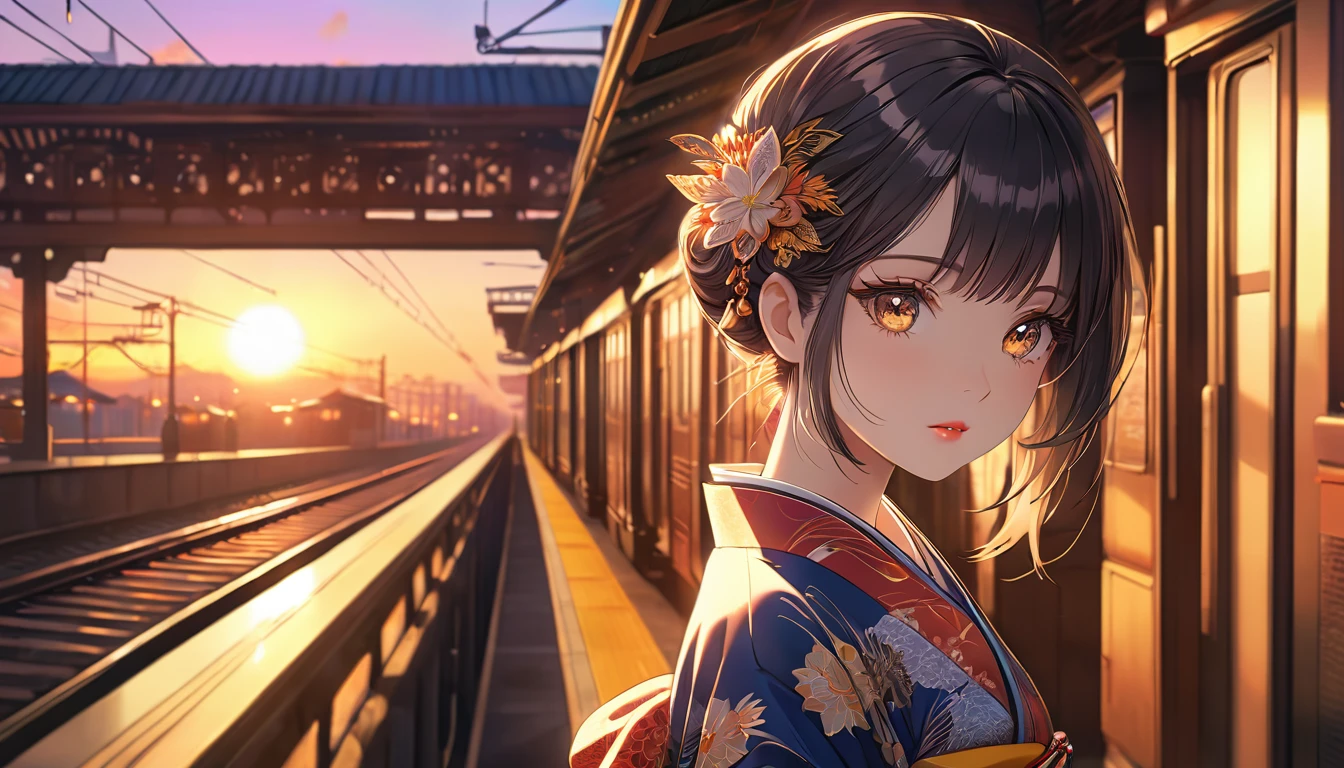 a girl waiting for a train on a platform at sunset, anime style, distant view, beautiful detailed eyes, beautiful detailed lips, extremely detailed eyes and face, long eyelashes, intricate ornate kimono, graceful pose, warm lighting, vibrant colors, cinematic composition, high quality, 8k, photo-realistic, masterpiece