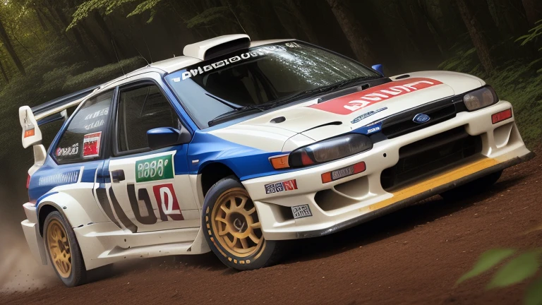 (1 car, 1997 Subaru Impreza WRC redesigned by Peter Stevens), Generate an image of a Subaru Impreza WRC tearing through a dense forest during a rally race, with mud splattering, leaves flying, and the vibrant greenery as the epic backdrop. The car's aggressive styling and the dynamic forest setting should evoke a sense of speed and adrenaline. best quality, realistic, photography, highly detailed, 8K, HDR