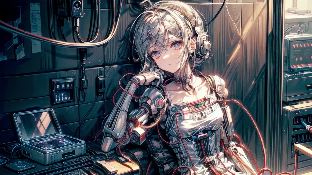 (((masterpiece))), (((Highest quality))), ((Very detailed)), (Highly detailed CG illustrations), ((Very delicate and beautiful)),(Cute and delicate face),Light,((1. Machine Girl)),alone,whole body,(Machine made joints:1.4),((Mechanical Limbs)),(Muscle swelling),(The container is connected to a tube),(Brain in a container:1.3),((Mechanical vertebrae attached to the back)),((Mechanical cervical spine attached to the neck)),((Sitting)),poker face,(Wires and cables attached to head and body:1.5),Small breasts,short hair,(Character Focus),SF,Dark shortcuts,Centering shortcuts,A devastated society,alone,