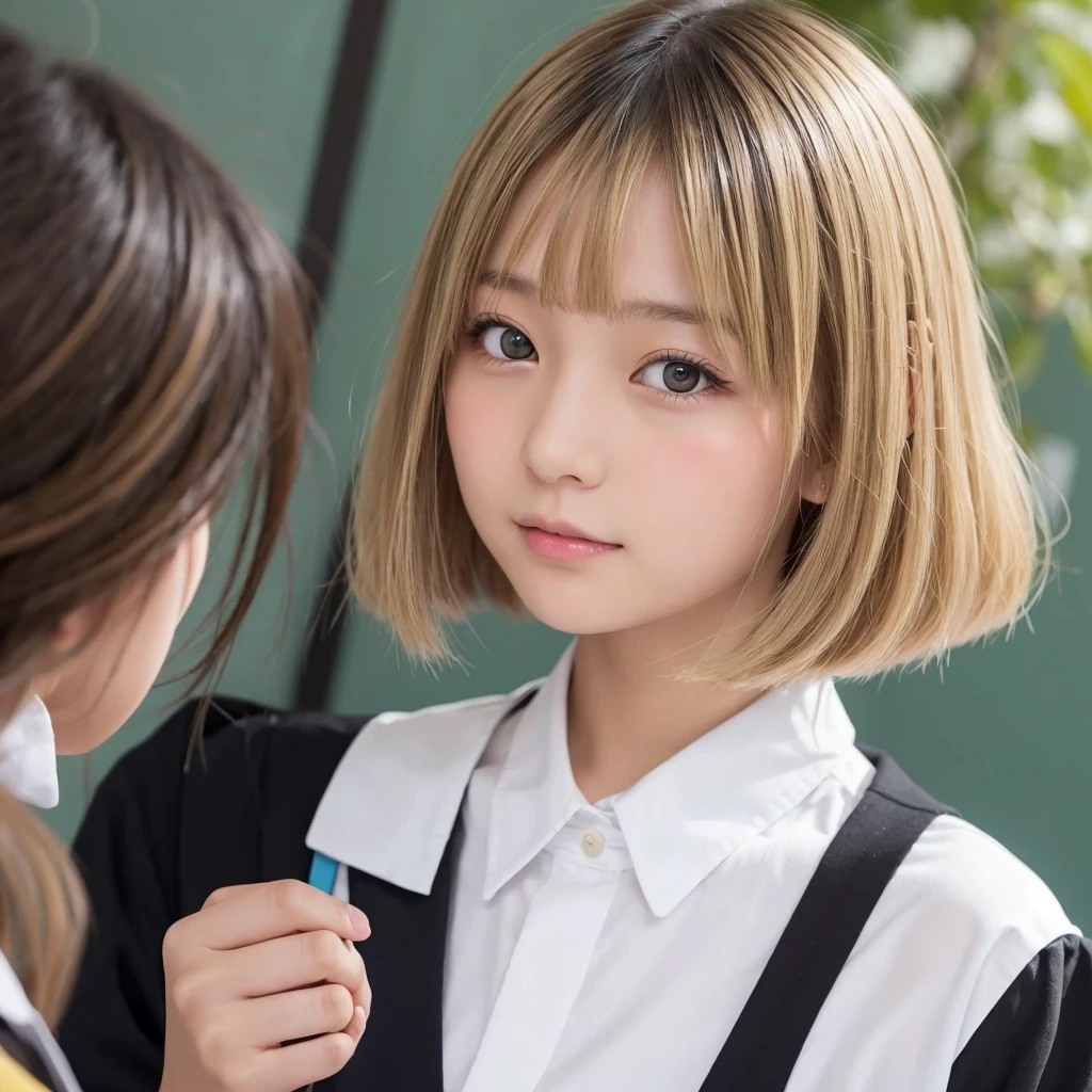 Japanese Girls、blonde、Black hairline、Bobcut、wearing student uniform,Blushing、School、One person