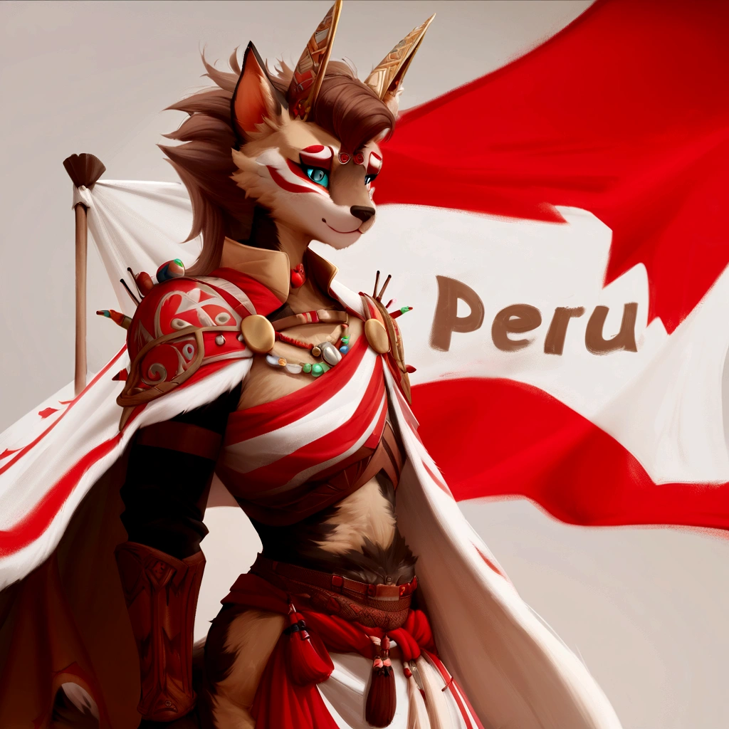 there is a woman dressed in a costume and a flag, peru, fursona art, commission for high res, peruvian looking, fursona furry art commission, fursona commission, very very beautiful furry art, kitsune inspired armor, pov furry art, furry fursona, peruvian, professional furry drawing, fursona!!!!, furry art!!!, furry art, commission for