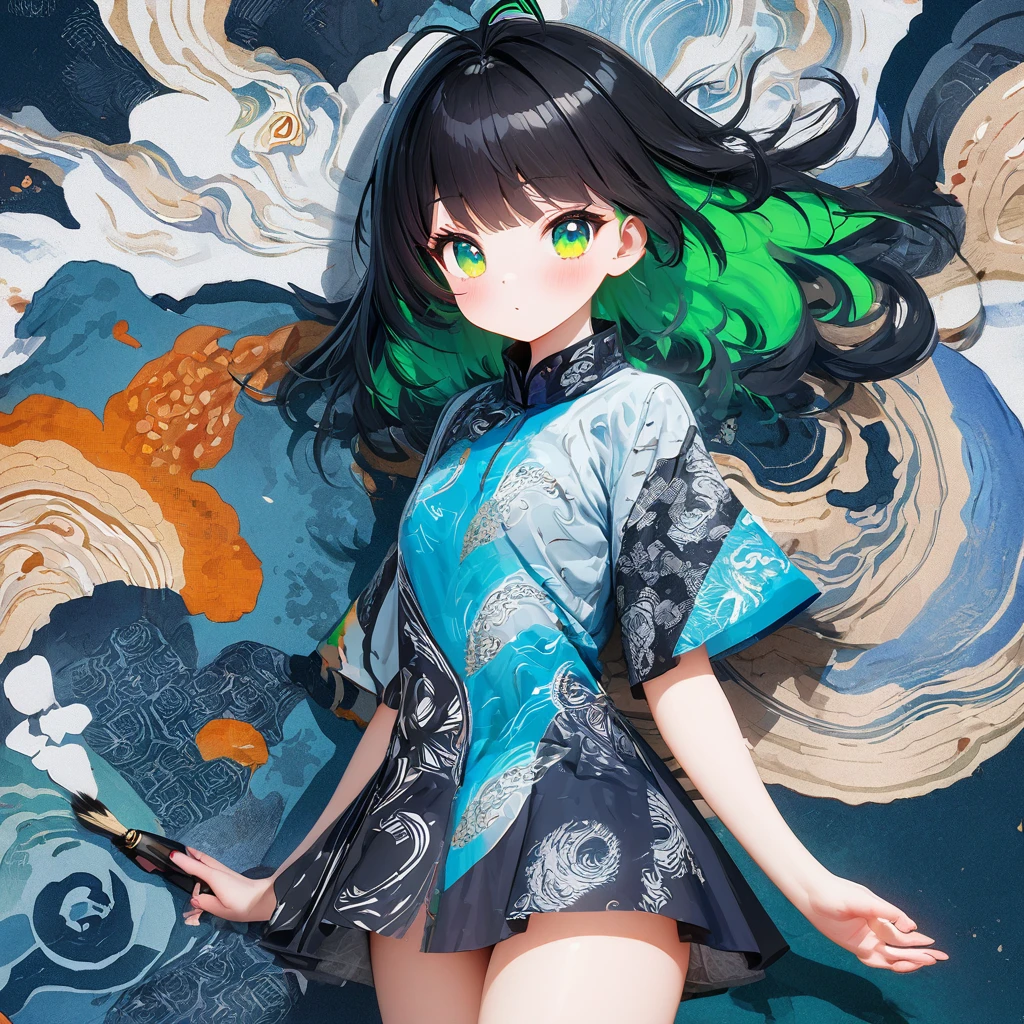 huaniao, (cute_cartoon_style of counterfeit_v3, octane-render):1.33, (monochrome color:blue-theme), detailed calligraphy art, Indian ink brush painting, aesthetic art:1.2), multi-exposure prism, strobe ripple effect, BREAK, 1girl, (detailed green eyes, jet-black hair,colored inner green hair:1.21,split color:1.21), antenna hair,Ebru marbling, batik, and fractal-inspired fabric dress. #dress, #ebru, #batik, #fractal, #fashion, #art, #design, A long, flowing dress made of fabric with a unique and eye-catching pattern. The pattern is a combination of ebru marbling, batik, and fractals. The ebru marbling creates a swirling, organic pattern, while the batik adds a touch of color and contrast. The fractals create a sense of depth and complexity. floating hair, graphite, partially colored, spot color, (flip the whole horizontally,blue image:1.3), (Monochromatic colors:1.4), BREAK,(additional Background), (detailed calligraphy art:1.1), (marbled gray color cloud:1.3),(2raging dragons of east pacific:1.3). Break, see stratosphere from below, Entering the atmosphere , serious, grumpy, side view, whole body shot, (jet-black hair, colored inner green hair, split-color hair):1.21, antenna hair, include colorful binary code, calligraphy patterns, penmanship, visual poetry, cultural expression, decorative writing. of her form molded from clear, luminous glitches, beautiful scripts cascading in symmetrical patterns, housing a multitude of artistic lettering tech,