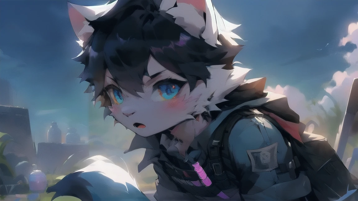 White Wolf,male,juvenile,black hair,hairy,Sky blue eyes,Wolf ears,Wolf Tail,resident Evil,Chemical protective clothing