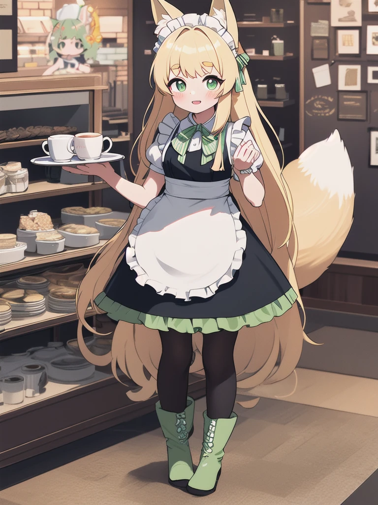 Highest quality, masterpiece,1 Girl,alone,Yellow round eyebrows,Blonde Hair, Big fox ears,Big fox tail, ((Very long green eyes)),((Green maid apron)),((White ruffle skirt)),Small breasts,indoor,Coffee shop,have_Silver round tray,Green round dish on a tray,10 years old,White pantyhose,Green boa boots,((Chibi)),smile,Close your mouth,