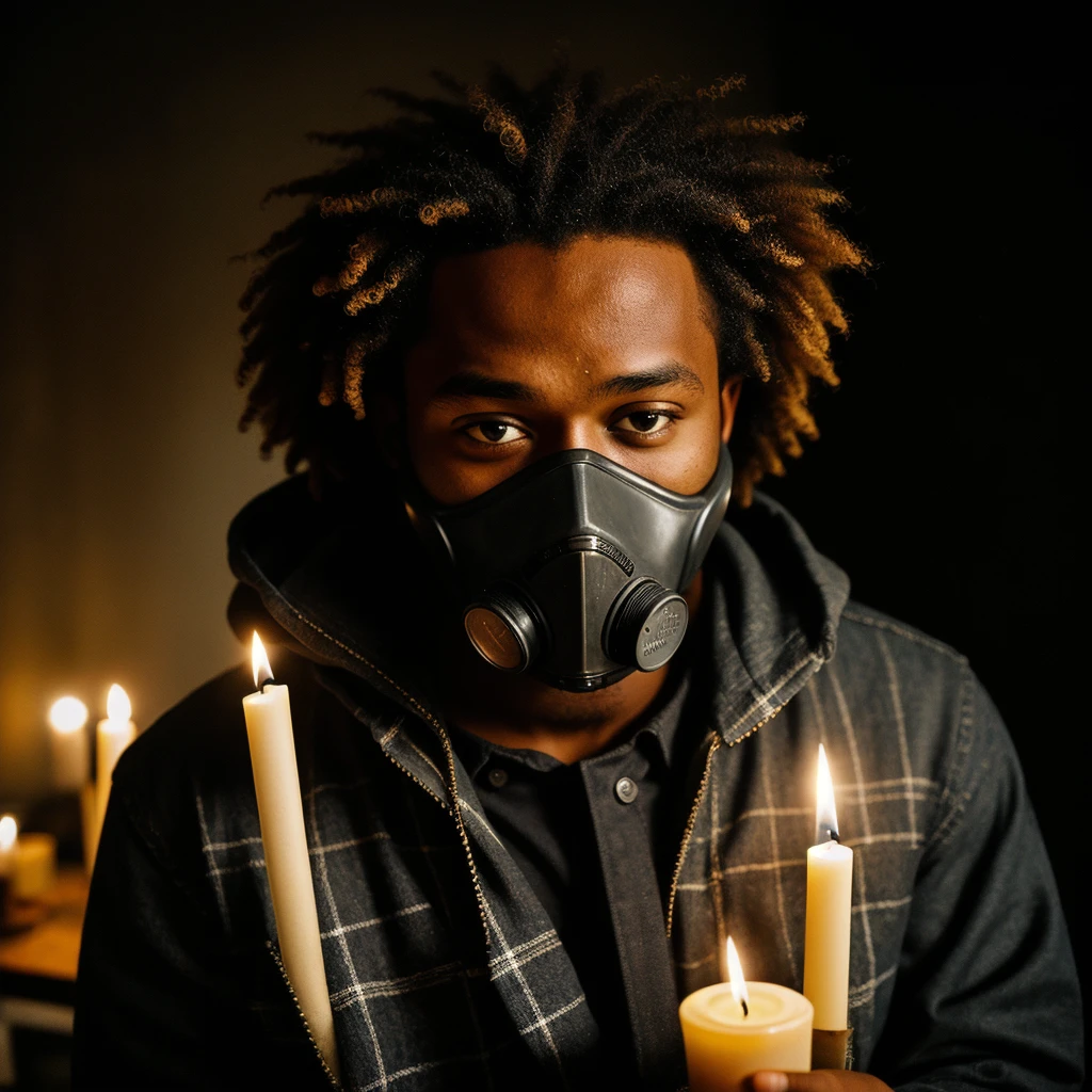 photograph of a black man with gas mask (troubled facial expression), textured skin, goosebumps, blonde afro hair, plaid flannel shirt with distressed boyfriend jeans, cowboy shot, dark and mysterious city at night with unique rock formations and hidden wonders, perfect eyes, (candlelight,chiaroscuro), Porta 160 color, shot on ARRI ALEXA 65, bokeh, sharp focus on subject, shot by Don McCullin