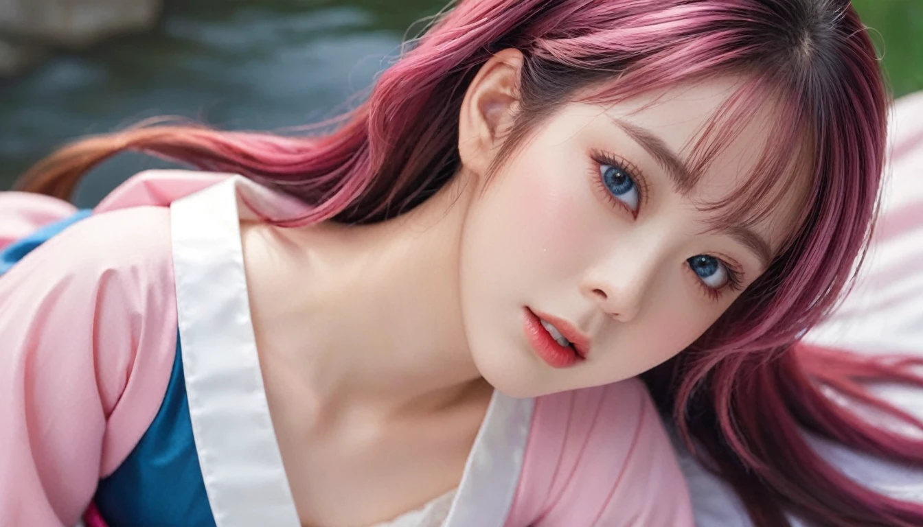 (finely detailed beautiful eyes and detailed face,masterpiece sidelighting,masterpiece,Highest quality,detailed,High resolution illustrations),, (One girl,whole body,beautiful girl,Shiny skin,Look down,View your viewers),, (Pink Hair,blue eyes,ribbon,hanbok, korean clothing), (Dressed_Underbust:1.2),Underbust,