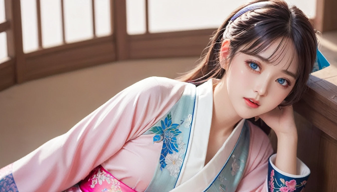 (finely detailed beautiful eyes and detailed face,masterpiece sidelighting,masterpiece,Highest quality,detailed,High resolution illustrations),, (One girl,whole body,beautiful girl,Shiny skin,Look down,View your viewers),, (Pink Hair,blue eyes,ribbon,hanbok, korean clothing), (Dressed_Underbust:1.2),Underbust,