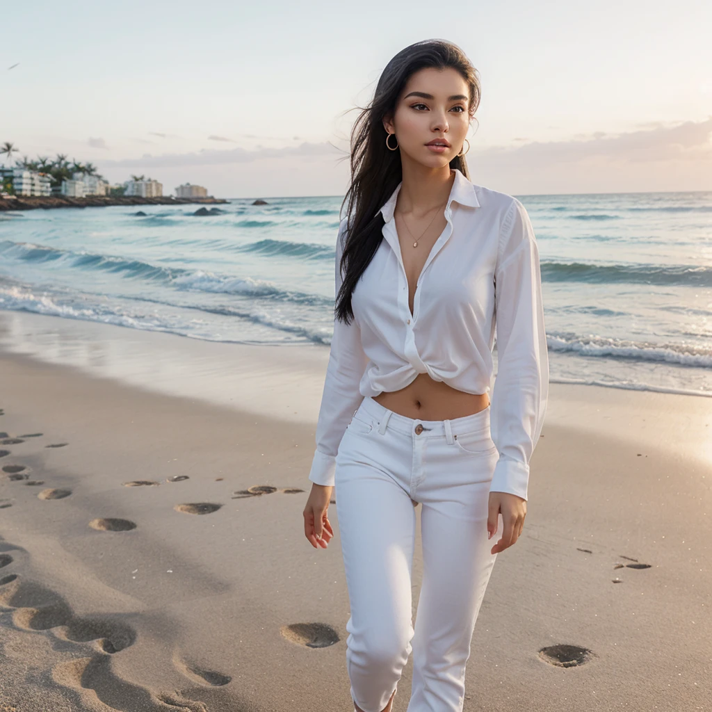 Full body image, hyperrealistic photograph of a beautiful woman, 20 years old, athletic body, very light black hair, brown eyes, small earring in right ear, very long eyelashes, sensual lips, provocative expression. walking along the beach wearing an elegant white shirt and jeans.