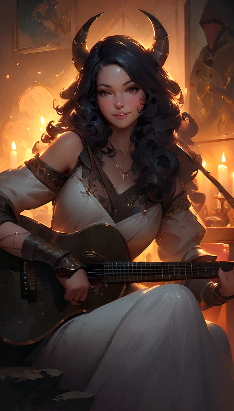 a woman with horns playing a guitar in a room with candles, artwork in the style of guweiz, artgerm and atey ghailan, guweiz, guweiz masterpiece, guweiz on pixiv artstation, ross tran 8 k, guweiz on artstation pixiv, by Ross Tran, Smiling, Curly hair