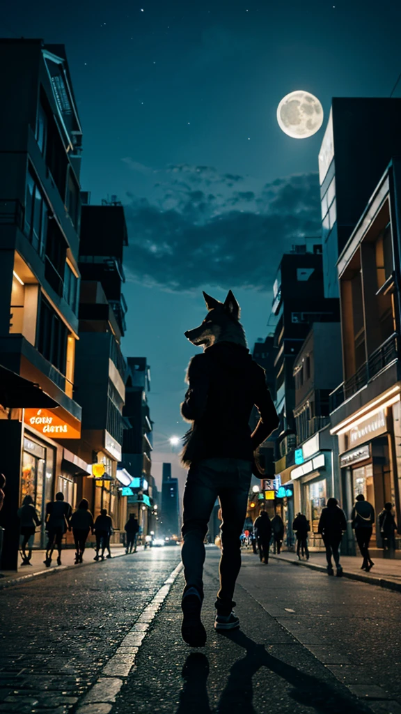 Cartoon image of a wolf walking in the city, On a moonlit night