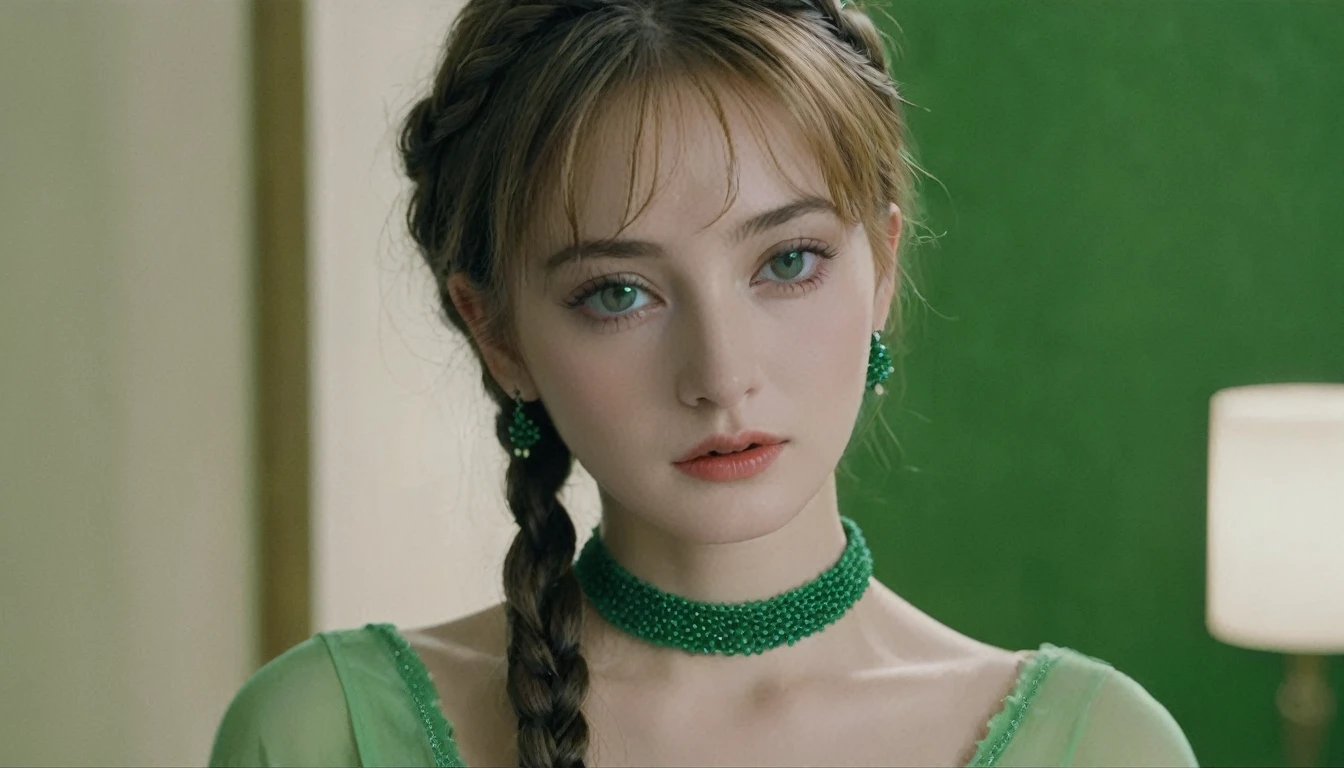 Sadhishink, La Bette Movie, By Valerian Borowczyk, erotic, 1人of女of子, green_eye, Blurred, Blurred_background, Braiding, choker, depth_of_Field, dress, Earrings, eyelash, freckles, hair_that's all_shoulder, jewelry, lips, length_hair, length_sleeve, Looking_in_Audience, necklace, そof間, ふくらんinいる_length_sleeve, ふくらんinいる_sleeve, Realistic, single_Braiding, 一人in, twin_Braidings, upper_body