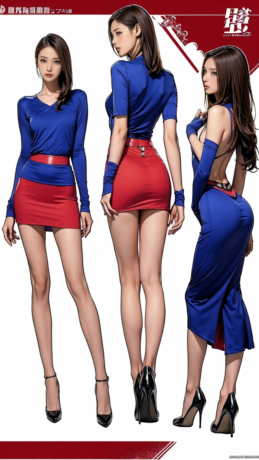 ((masterpiece)),(((Highest quality))),((Reference Sheet, Character Design)),  (Very slim:1.4),  (Very small ass:1.4), Realistic buttocks, Medium chest，Short Bob, Thin thighs, Long legs,1 Girl，expensive，Long legs，Red Lip Big Wave，Royal Sister Fan，Fashionable clothes，Tight Bottom Skirt，High heels，Outdoor during the day，ウォーキングStreet，Street，Super cool