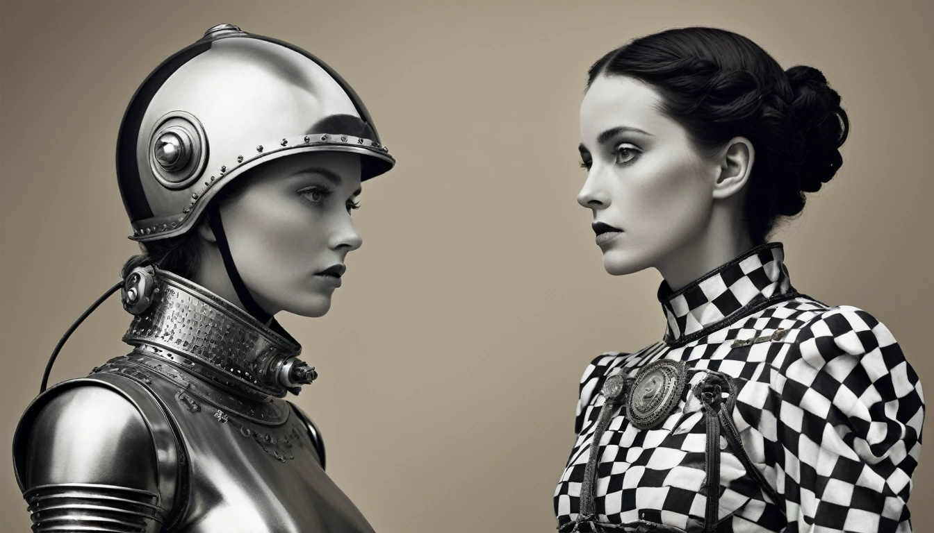 Robot and costumed woman side by side, Inspired by Victorian science fiction, Hugh Kretschmer, Checkered clothing, wearing ornate armor, Daguerreotype photo, Filmed 2009, Cinematic widescreen footage, Black and white color photography, Fashion photography art, society!, mad max style, Scottish folklore, Kenny McBride  