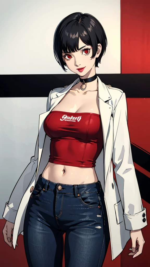 1 girl, red eyes, very Short hair, black choker, lipstick , smile, black hair, tomboy Pixie haircut, white bandeau, belly, medium breast, jacket, jeans, cowboy shot,