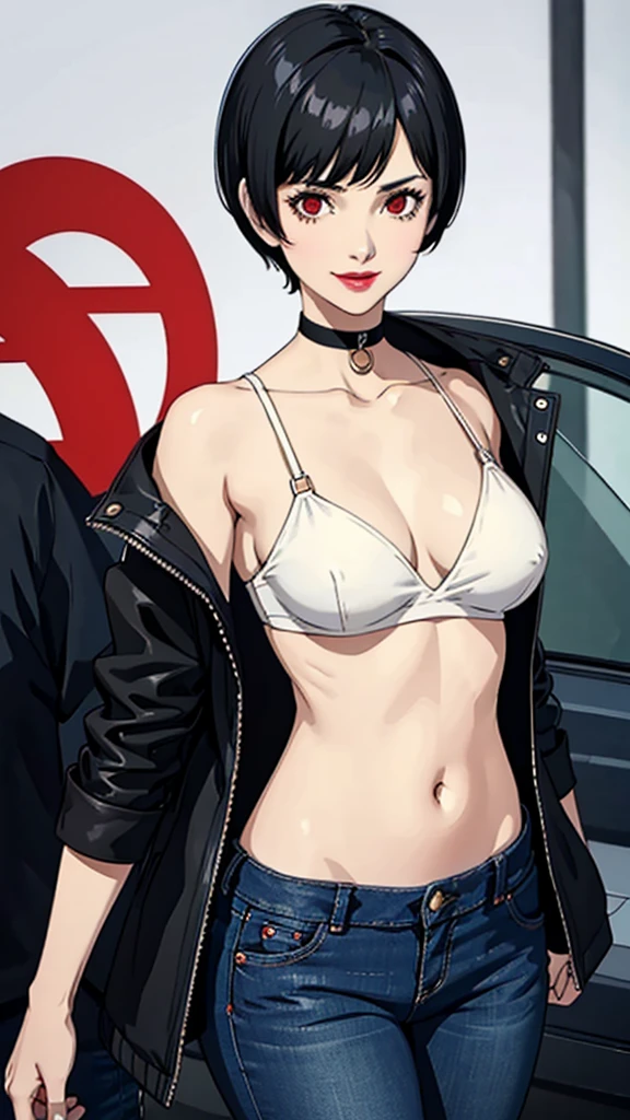 1 girl, red eyes, very Short hair, black choker, lipstick , smile, black hair, tomboy Pixie haircut, white bandeau, belly, medium breast, jacket, jeans, cowboy shot,