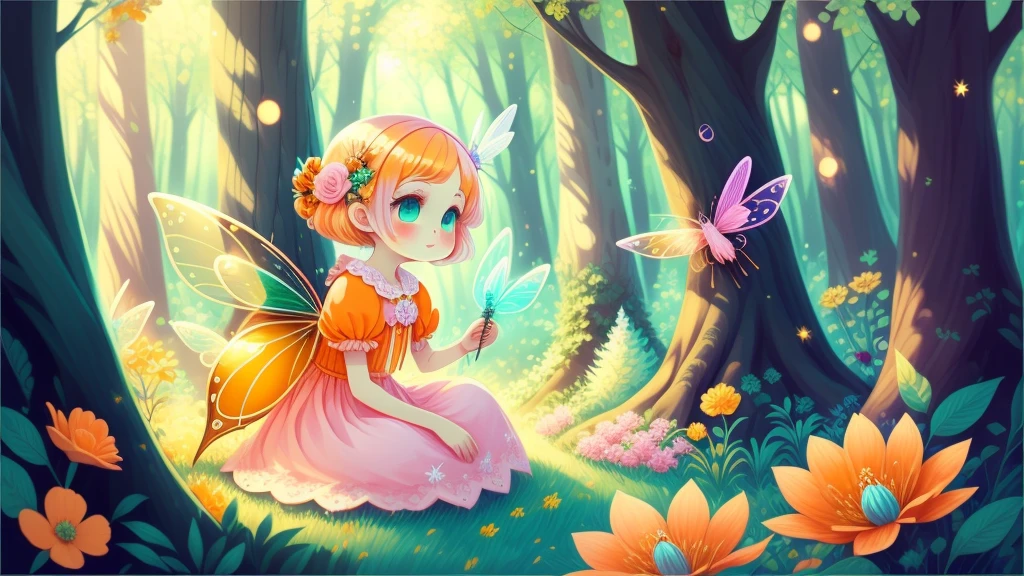 Dreamy garden, trees, flowers, Cute s, light colors hair, blue eyes, Gossamer, a fairy tale illustration, A masterpiece in bright light, stunning art! The art of magic, fairy tale artwork, inspiring art, exquisite artwork high quality、masterpiece、Sparkling fairies(Lots of fairies、pink、yellow、orange、green、light blue)、In a beautiful forest、playing