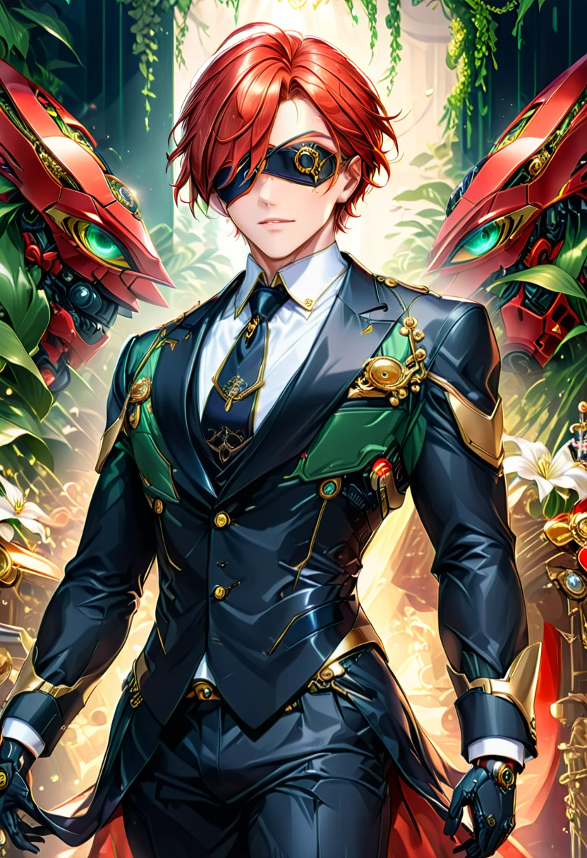 Arafed a picture of a human male spy, wearing dark suit, wearing ((mecha eye patch)), ((eye patch covering only one eye: 1.5))exquisite beautiful male, red hair, short crop hair, green eyes, eye patch has intricate mechanical part in it, high society gala event background, (Masterpiece: 1.5), 16k, highres, best quality, high details, ultra detailed, masterpiece, best quality, (extremely detailed),