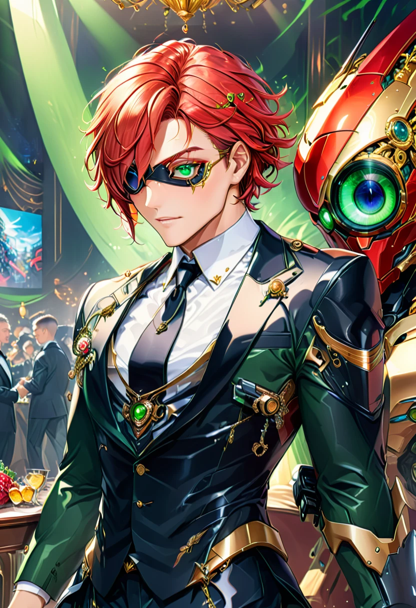 Arafed a picture of a human male spy, wearing dark suit, wearing ((mecha eye patch)), ((eye patch covering only one eye: 1.5))exquisite beautiful male, red hair, short crop hair, green eyes, eye patch has intricate mechanical part in it, high society gala event background, (Masterpiece: 1.5), 16k, highres, best quality, high details, ultra detailed, masterpiece, best quality, (extremely detailed),