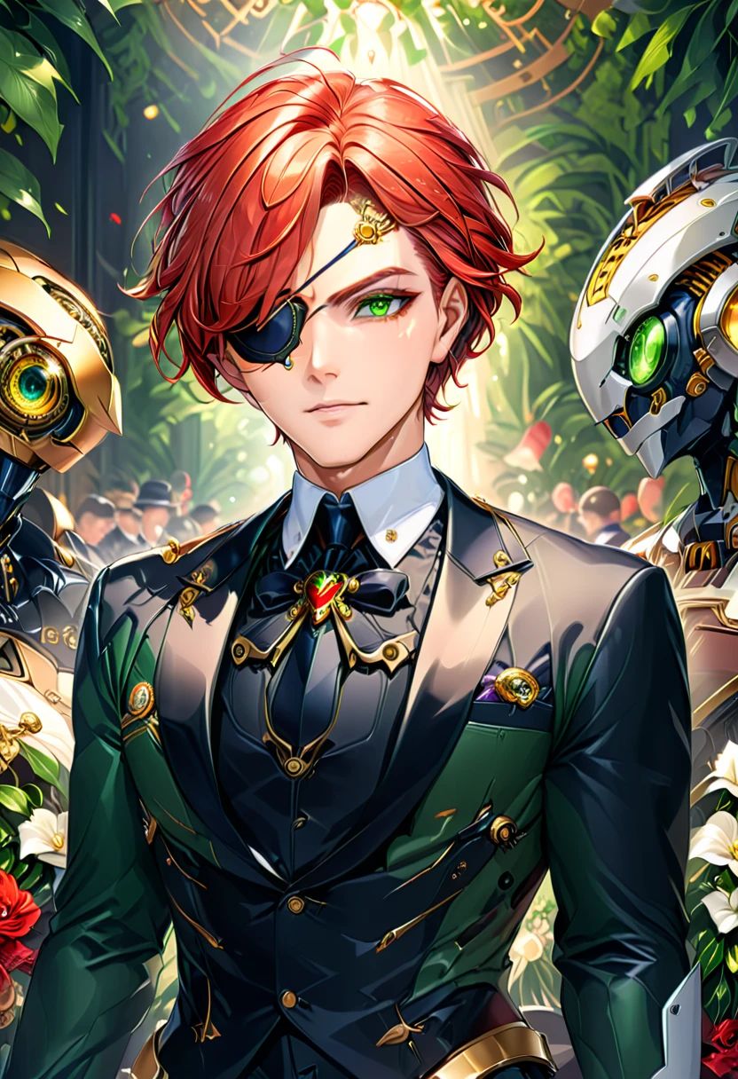 Arafed a picture of a human male spy, wearing dark suit, wearing ((mecha eye patch)), ((eye patch covering only one eye: 1.5))exquisite beautiful male, red hair, short crop hair, green eyes, eye patch has intricate mechanical part in it, high society gala event background, (Masterpiece: 1.5), 16k, highres, best quality, high details, ultra detailed, masterpiece, best quality, (extremely detailed), 