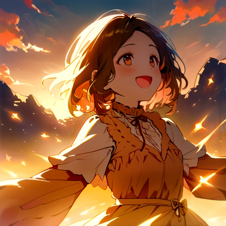 "Create a masterpiece, High-resolution movie still featuring a girl with a cloud-like appearance. She is floating in the sky, Photographed in close-up shots with bright and vivid colors. The scene is lit with warm, soft lighting, Create a happy and warm atmosphere. A beautiful sunset in the background, Creates an overall enchanting atmosphere. moreover, Incorporate sparks into the image with a weight of 0.7."Looking up at the sky,A field full of stars々