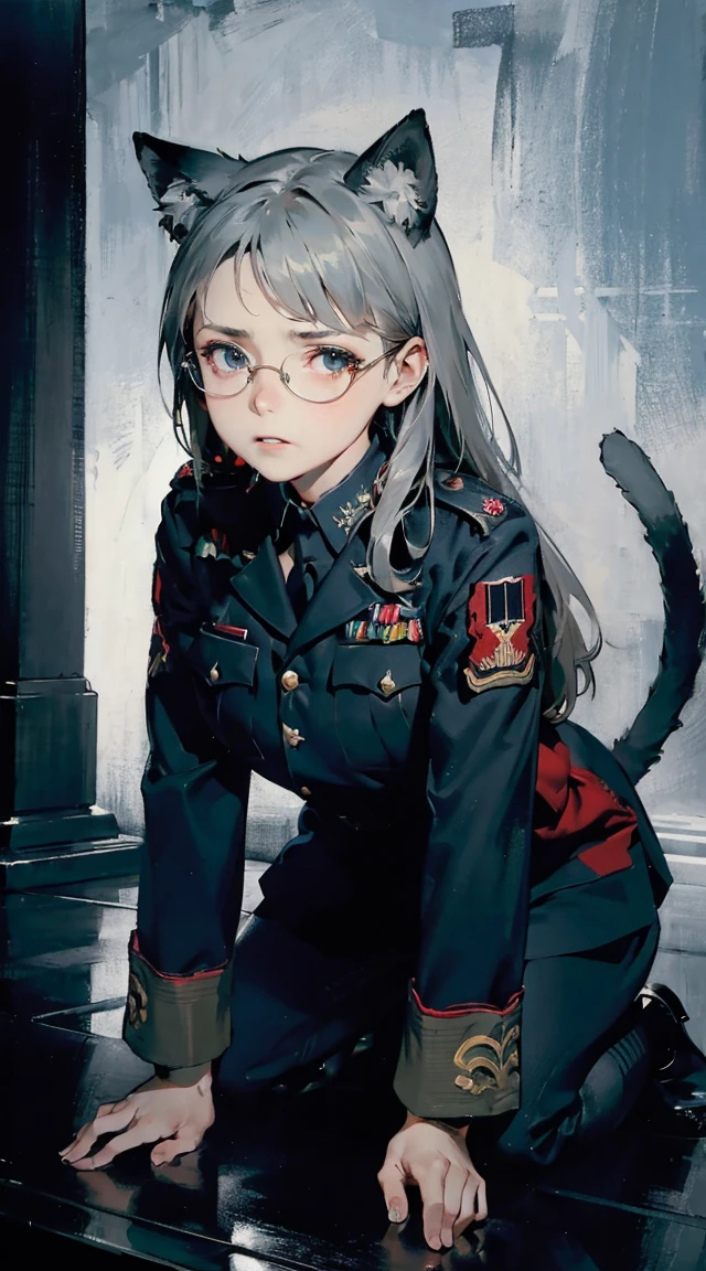 (8k, RAW photo, best quality, masterpiece:1.2), RanmaChan, RanmaRedShirt girl, cat ears, cat tail, (tears:1.1), exhausted, (parted lips:0.9), cute,
medium breasts, (sideboob:0.9),
sideless, torn frayed tattered tunic, torn frayed tattered socks,
sitting, wariza, leaning forward, ruins, crumbling world, storm, black hole, puddle,
sharp focus, looking at viewer,
(intricate:1.1), (dark blue theme:1.1), (dark blue tone:1.1), (grey tone:1.1), illustration, (anime coloring:1.1), modesta, tiro remoto, Detalhe bonito rosto delicado, Olhos delicados bonitos detalhados, perfect facial proportions, High definition skin, pele fina, best four inch aspect ratio. Com um polegar, uma obra-prima, altamente detalhado, Realistic, (German World War II general uniform reference : 1.8), the highest facial resolution, , mulher modestamente vestida, vestido inteiramente, ( pequeno, cabelos pretos, black franja reta, super thin braids, franja reta, Red glasses, olho verde escuro, science fiction, Fighter aircraft, standing On the landing of a Fighter aircraft, the agency, uma personalidade profundamente inteligente, A calm expression, um rosto respeitoso, uma guerra, a Fighter aircraft BIGHIP BIGASS FUCKOFF FUCKFUCKFUCK