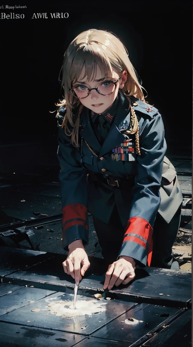 (8k, RAW photo, best quality, masterpiece:1.2), RanmaChan, RanmaRedShirt girl, cat ears, cat tail, (tears:1.1), exhausted, (parted lips:0.9), cute,
medium breasts, (sideboob:0.9),
sideless, torn frayed tattered tunic, torn frayed tattered socks,
sitting, wariza, leaning forward, ruins, crumbling world, storm, black hole, puddle,
sharp focus, looking at viewer,
(intricate:1.1), (dark blue theme:1.1), (dark blue tone:1.1), (grey tone:1.1), illustration, (anime coloring:1.1), modesta, tiro remoto, Detalhe bonito rosto delicado, Olhos delicados bonitos detalhados, perfect facial proportions, High definition skin, pele fina, best four inch aspect ratio. Com um polegar, uma obra-prima, altamente detalhado, Realistic, (German World War II general uniform reference : 1.8), the highest facial resolution, , mulher modestamente vestida, vestido inteiramente, ( pequeno, cabelos pretos, black franja reta, super thin braids, franja reta, Red glasses, olho verde escuro, science fiction, Fighter aircraft, standing On the landing of a Fighter aircraft, the agency, uma personalidade profundamente inteligente, A calm expression, um rosto respeitoso, uma guerra, a Fighter aircraft BIGHIP BIGASS FUCKOFF FUCKFUCKFUCK