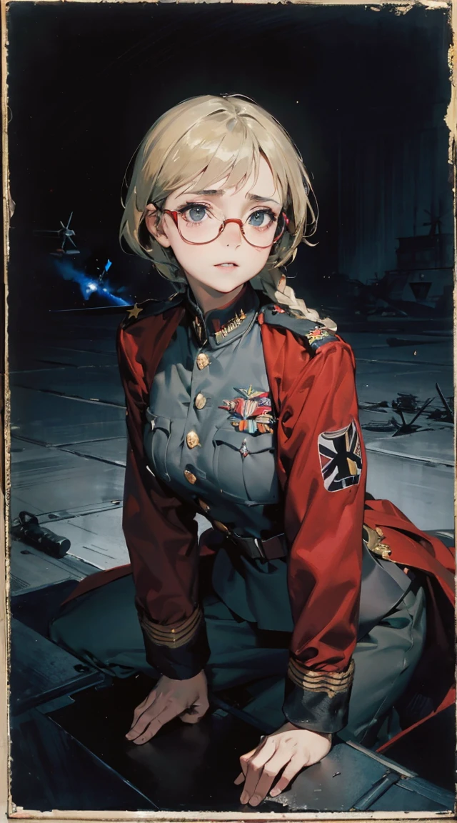 (8k, RAW photo, best quality, masterpiece:1.2),    RanmaChan, RanmaRedShirt　　girl, cat ears, cat tail, (tears:1.1), exhausted, (parted lips:0.9), cute, 
medium breasts, (sideboob:0.9), 
sideless, torn frayed tattered tunic, torn frayed tattered socks, 
sitting, wariza, leaning forward, ruins, crumbling world, storm, black hole, puddle, 
sharp focus, looking at viewer, 
(intricate:1.1), (dark blue theme:1.1), (dark blue tone:1.1), (grey tone:1.1), illustration, (anime coloring:1.1),  modesta, tiro remoto, Detalhe bonito rosto delicado, Olhos delicados bonitos detalhados, perfect facial proportions, High definition skin, pele fina, best four inch aspect ratio. Com um polegar, uma obra-prima, altamente detalhado, Realistic, (German World War II general uniform reference : 1.8), the highest facial resolution, , mulher modestamente vestida, vestido inteiramente, ( pequeno, cabelos pretos, black franja reta, super thin braids, franja reta, Red glasses, olho verde escuro, science fiction, Fighter aircraft, standing On the landing of a Fighter aircraft, the agency, uma personalidade profundamente inteligente, A calm expression, um rosto respeitoso, uma guerra, a Fighter aircraft　BIGHIP　BIGASS　FUCKOFF　FUCKFUCKFUCK