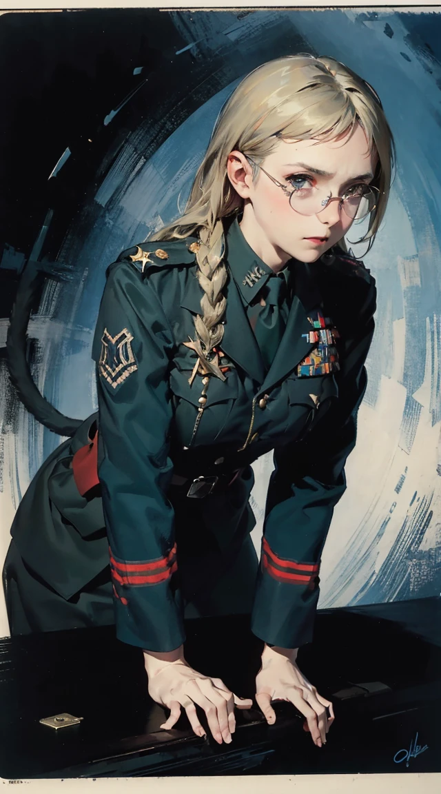 (8k, RAW photo, best quality, masterpiece:1.2),    RanmaChan, RanmaRedShirt　　girl, cat ears, cat tail, (tears:1.1), exhausted, (parted lips:0.9), cute, 
medium breasts, (sideboob:0.9), 
sideless, torn frayed tattered tunic, torn frayed tattered socks, 
sitting, wariza, leaning forward, ruins, crumbling world, storm, black hole, puddle, 
sharp focus, looking at viewer, 
(intricate:1.1), (dark blue theme:1.1), (dark blue tone:1.1), (grey tone:1.1), illustration, (anime coloring:1.1),  modesta, tiro remoto, Detalhe bonito rosto delicado, Olhos delicados bonitos detalhados, perfect facial proportions, High definition skin, pele fina, best four inch aspect ratio. Com um polegar, uma obra-prima, altamente detalhado, Realistic, (German World War II general uniform reference : 1.8), the highest facial resolution, , mulher modestamente vestida, vestido inteiramente, ( pequeno, cabelos pretos, black franja reta, super thin braids, franja reta, Red glasses, olho verde escuro, science fiction, Fighter aircraft, standing On the landing of a Fighter aircraft, the agency, uma personalidade profundamente inteligente, A calm expression, um rosto respeitoso, uma guerra, a Fighter aircraft　BIGHIP　BIGASS　FUCKOFF　FUCKFUCKFUCK
