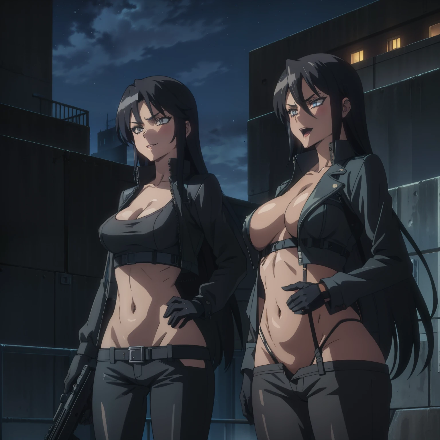 2girl, two girl, long hair, 
blush, lipstick, fur trim, mature female, gloves, fur-trimmed coat, outdoors, rooftop, cityscape, building, railing, night sky, scenery, city lights, masterpiece, best quality, highly detailed, a girls with a gun, evil smile , open mouth, sexy gaze, badass
pose , evil smile, smile,, guns blazing, anime girl with long hair, beautiful long
haired girl, navel, evil expression, exposed belly, exposed navel, exposed midriff, exposed lower belly,
long black pants, crop top, cleavage, unbuttoned leather pants ,open fly, low rise black leather pants,
leather jacket, holding a gun, navel piercing