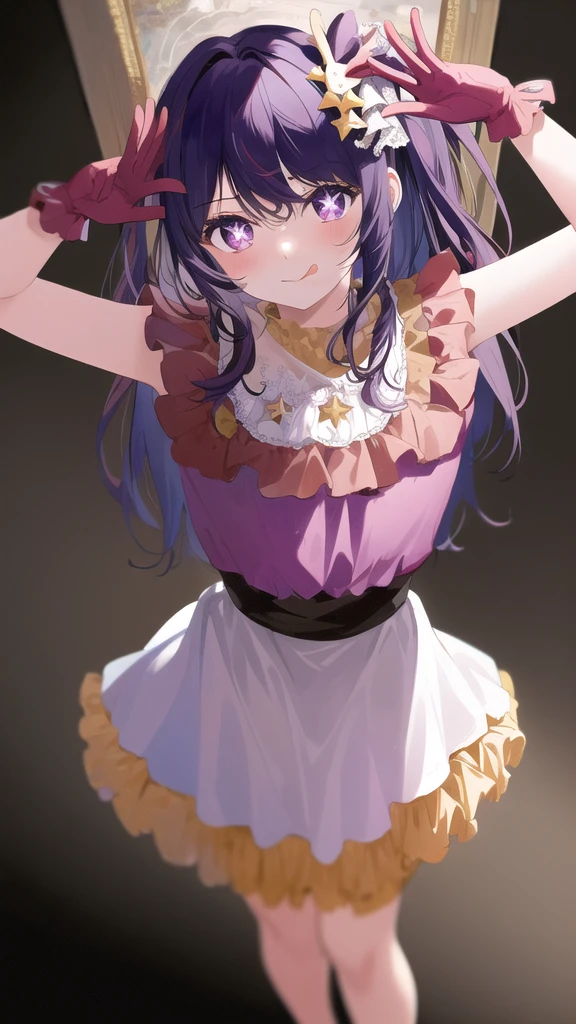 1girl, full body, cowboy shot,
(Rembrandt), illustration, (masterpiece), (best quality), (ultra_detailed), finely detail, (Depth of field),
HshinoAi,gloves, tongue out, tongue, long hair, star \(symbol\), looking at viewer, (purple hair:1.2), purple eyes, upper body, hair ornament, :p, frills, pink shirt, smile, sleeveless, shirt, idol, symbol-shaped pupils, hands up, bangs, one side up, star-shaped pupils, arms up,
dress pull,
Roaring Twenties, isometric, from above, sky, flower, cliff,