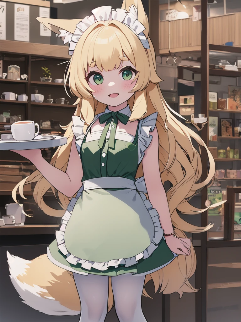 Highest quality, masterpiece,1 Girl,alone,Yellow round eyebrows,Blonde Hair, Big fox ears,Big fox tail, ((Very long green eyes)),((Green maid apron)),((White ruffle skirt)),Small breasts,indoor,Coffee shop,have_Silver round tray,Green round dish on a tray,10 years old,White pantyhose,Green boa boots,((Chibi)),smile,Close your mouth,